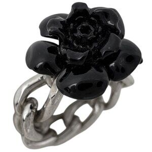 Chanel Camellia Motif Ring CC Logo Silver Plated Black